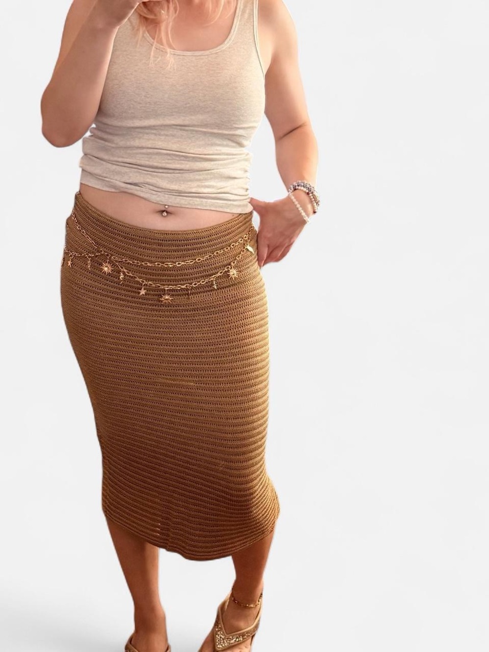 LRL Gold Crochet Knit Midi Skirt PM